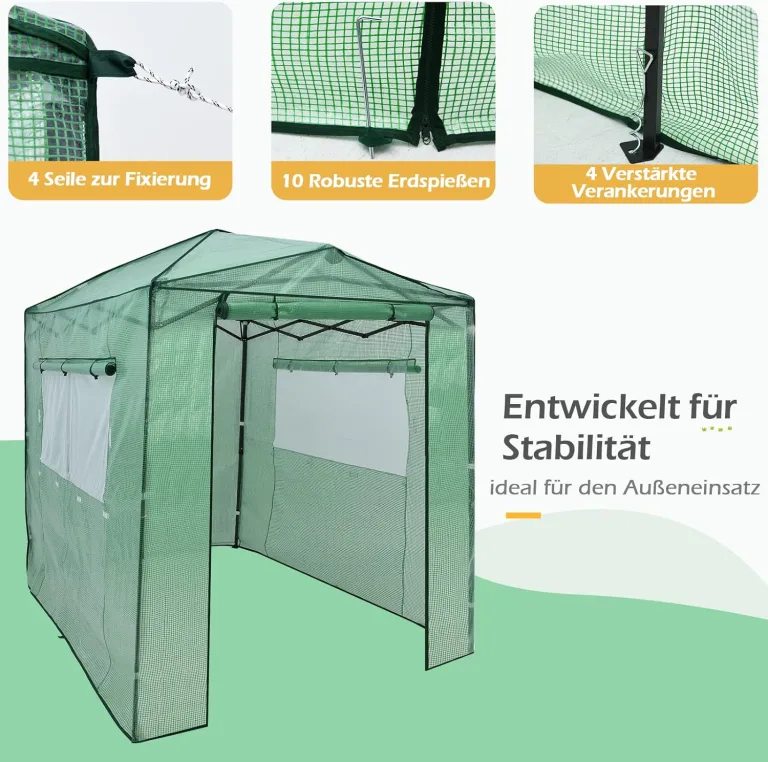 COSTWAY Gewächshaus Foliengewächshaus, 180x250x230cm, Treibhaus mit aufrollbaren Tür & 2 Fenstern, Tomatenhaus mit PE Gitterfolie, Pflanzenhaus Tomaten, Folienhaus Folienzelt, Grün – Bild 4