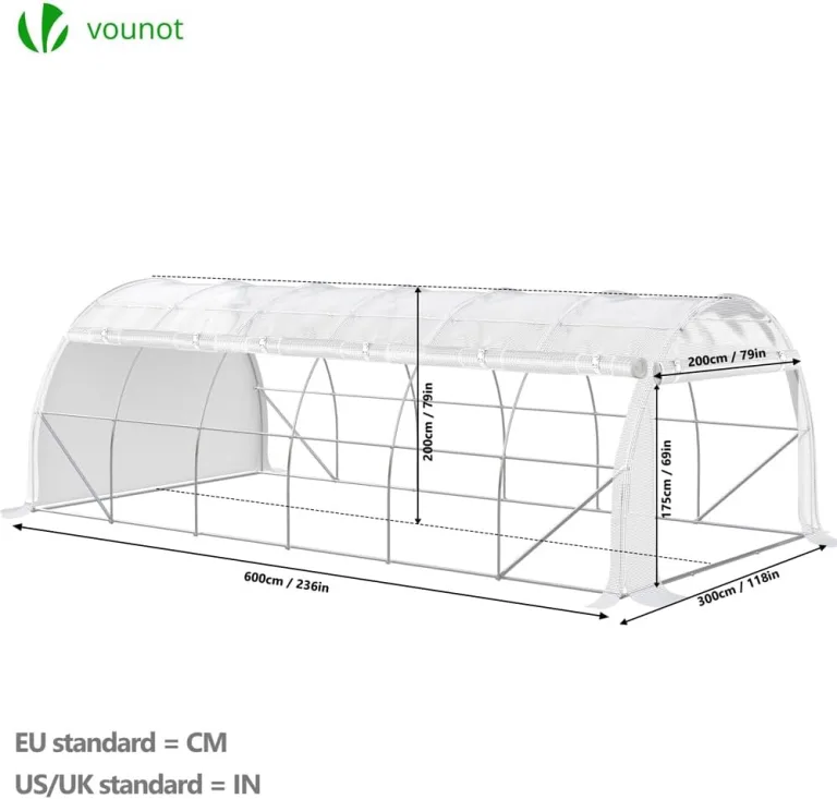 VOUNOT® Gewächshaus Foliengewächshaus, Seitenwände Aufrollbar Winterfest, Tomatenhaus Folientunnel, 6x3x2m 18m², Weiß – Bild 3