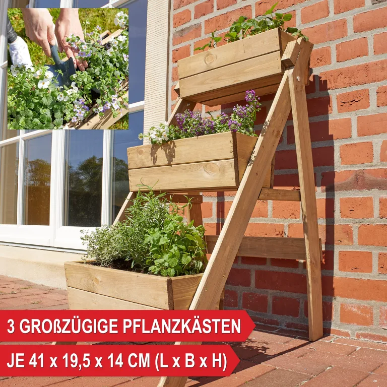 Onbest Hochbeet – aus Holz – perfekt für Garten/Terrasse/Balkon – mit 2 oder 3 Blumenkästen und Innenvlies – Kräuterregal 51/92 cm hoch, 62/44 cm lang – Vertikalbeet (Hochbeet 3 Kästen) – Bild 3