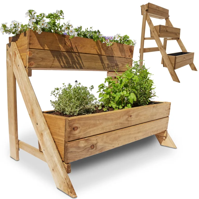 Onbest Hochbeet – aus Holz – perfekt für Garten/Terrasse/Balkon – mit 2 oder 3 Blumenkästen und Innenvlies – Kräuterregal 51/92 cm hoch, 62/44 cm lang – Vertikalbeet (Hochbeet 3 Kästen) – Bild 8