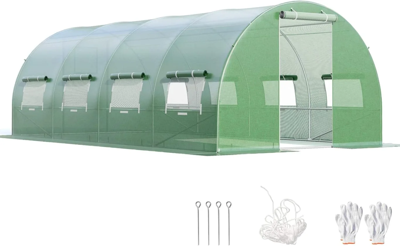 GOPLUS 6x3x2m Gewächshaus mit Metallrahmen, 18m² Gartengewächshäuser mit 8 Fenstern & 2 Türen, Foliengewächshaus für Bauernhof, Hinterhof & Garten (6x3x2m) - Bild 1