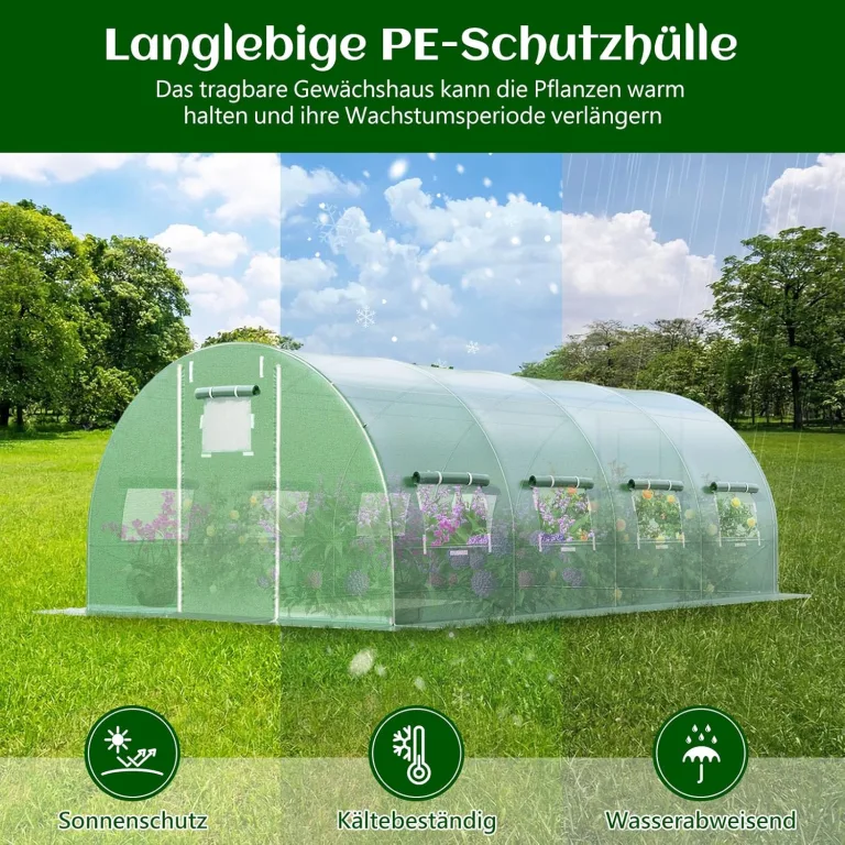 GOPLUS 6x3x2m Gewächshaus mit Metallrahmen, 18m² Gartengewächshäuser mit 8 Fenstern & 2 Türen, Foliengewächshaus für Bauernhof, Hinterhof & Garten (6x3x2m) – Bild 5