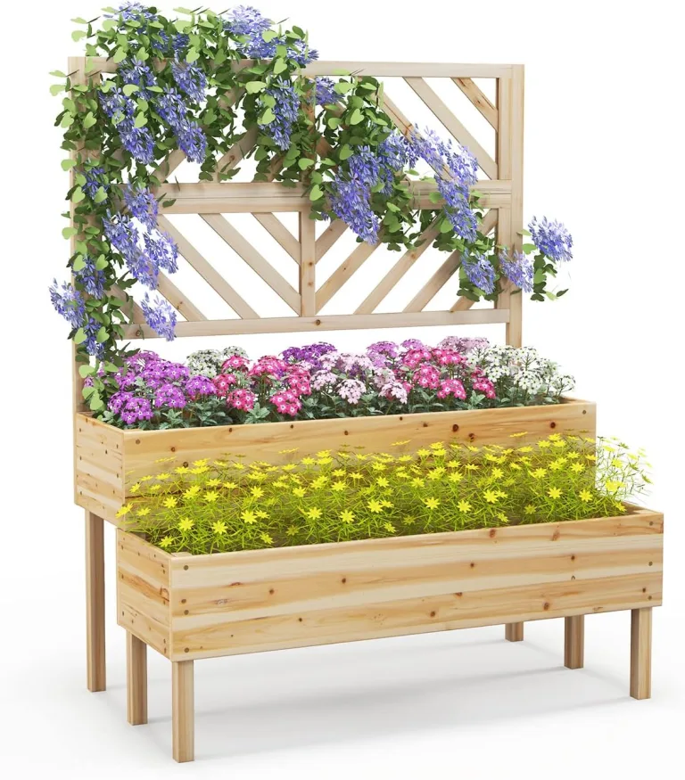 GOPLUS 2 Etagen Hochbeet mit Rankgitter, Pflanzkasten mit Rankhilfe, Gartenspalier Blumenkasten mit Entwässerungsloch für Kletterpflanzen Blumen (Natur) – Bild 1