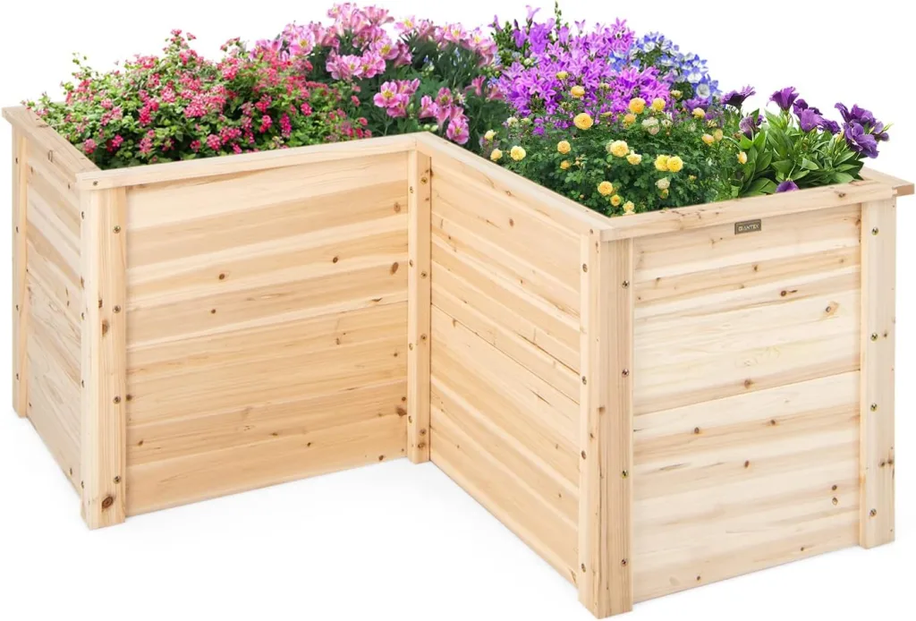 GOPLUS L-förmiges Hochbeet, erhöhter Gartenbeet Pflanzenkasten mit offenem Boden, DIY-Malerei, Kräuterbeet Pflanzenbeet für Balkon & Garten (Natur)