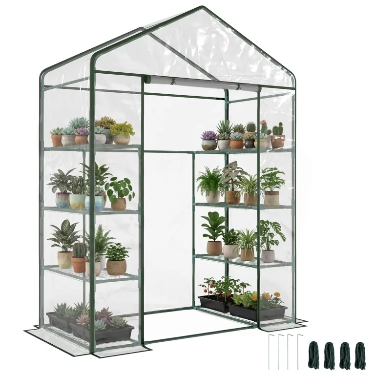 Outsunny Garten-Gewächshaus mit 4 Regalen, Balkongewächshaus, Gestell aus Stahl, Tür mit Reißverschluss, aufrollbar, für Gemüse, Pflanzen, Blumen, drinnen und draußen, 143 x 73 x 195 cm, transparent – Bild 1