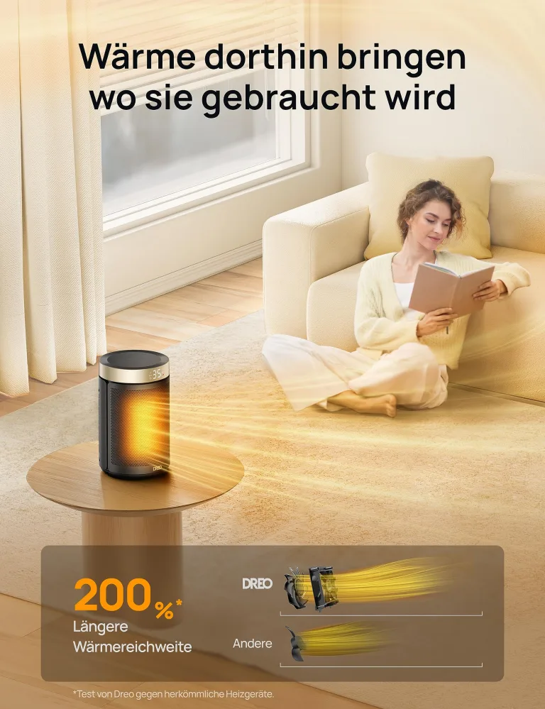 Dreo Energiesparender Heizlüfter, 34 dB Leiser 1500W Elektrischer PTC Keramik, Thermostat, Überhitzungs- & Kippschutz, 12 Std. Timer, Elektroheizung für Räume Schlafzimmer, Heater 316, Gold – Bild 5