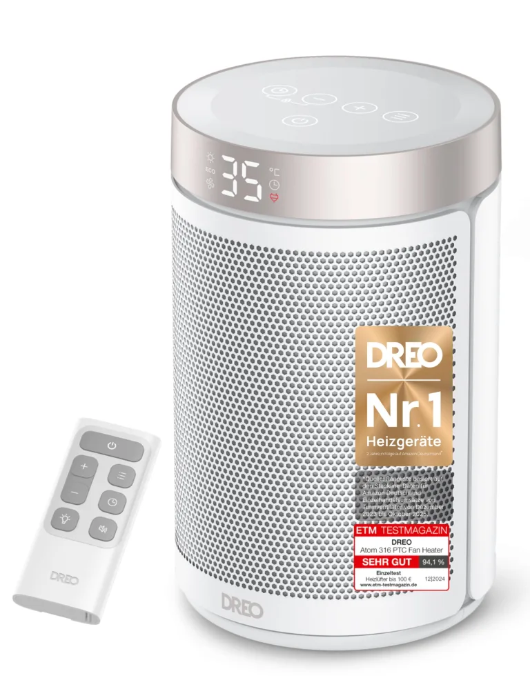 Dreo Energiesparender Heizlüfter, 34 dB Leiser 1500W Elektrischer PTC Keramik, Thermostat, Überhitzungs- & Kippschutz, 12 Std. Timer, Elektroheizung für Räume Schlafzimmer, Heater 316, Gold – Bild 10