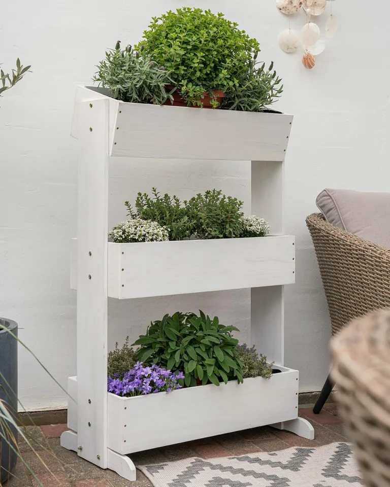 MaLa Hochbeet Balkon Weiß 3 Etagen Blumenkasten Gemüsebeet Kräuterbeet inkl. Gartenvlies schmales Vertikales Beet für Balkon Garten Terrasse Indoor aus Holz | Neigbare Funktion trifft Design – Bild 8