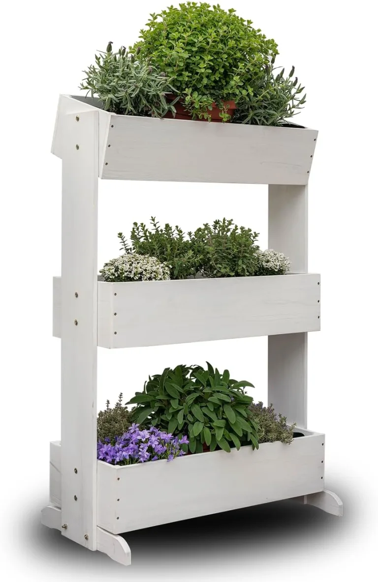 MaLa Hochbeet Balkon Weiß 3 Etagen Blumenkasten Gemüsebeet Kräuterbeet inkl. Gartenvlies schmales Vertikales Beet für Balkon Garten Terrasse Indoor aus Holz | Neigbare Funktion trifft Design – Bild 1