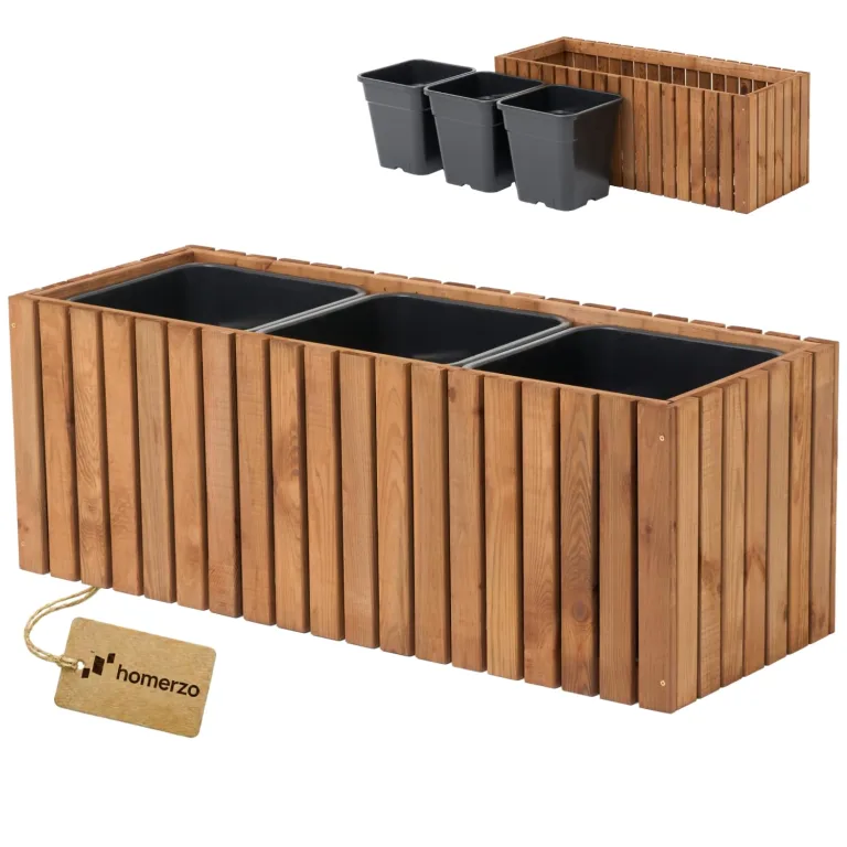 Pflanzkübel Holz – imprägniert wetterfest – mit herausnehmbarem Kunststoffeinsatz – Hochbeet Blumenkasten für Balkon Garten Terrasse (Horizontal-braun 67x36 H35 cm) – Bild 9