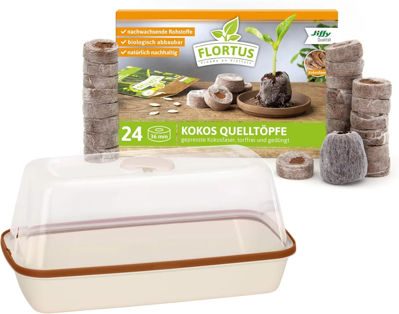 FLORTUS Set Zimmergewächshaus BoQube M Kupfer & Kokos Quelltöpfe (24 STK) | Gewächshaus & Quelltabletten aus Kokoserde Anzuchterde | Geschenkset - Bild 1