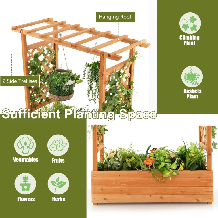 HOMASIS Blumenkasten mit 2 Rankgitter & Dachregal, Hochbeet mit Spalier, Holz Pflanzkasten für Kletterpflanz, Pflanzkübel Pflanzgefäß Rankhilfe für Garten Balkon Terrasse (110x44x113,5cm, Orange) – Bild 8