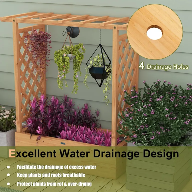 HOMASIS Blumenkasten mit 2 Rankgitter & Dachregal, Hochbeet mit Spalier, Holz Pflanzkasten für Kletterpflanz, Pflanzkübel Pflanzgefäß Rankhilfe für Garten Balkon Terrasse (110x44x113,5cm, Orange) – Bild 9