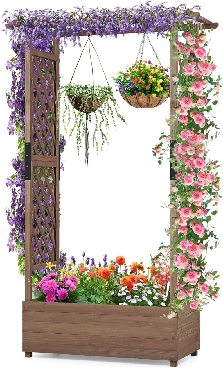 HOMASIS Blumenkasten mit 2 Rankgitter & Dachregal, Hochbeet mit Spalier, Holz Pflanzkasten für Kletterpflanz, Pflanzkübel Pflanzgefäß Rankhilfe für Garten Balkon Terrasse (110x44x113,5cm, Orange) – Bild 10