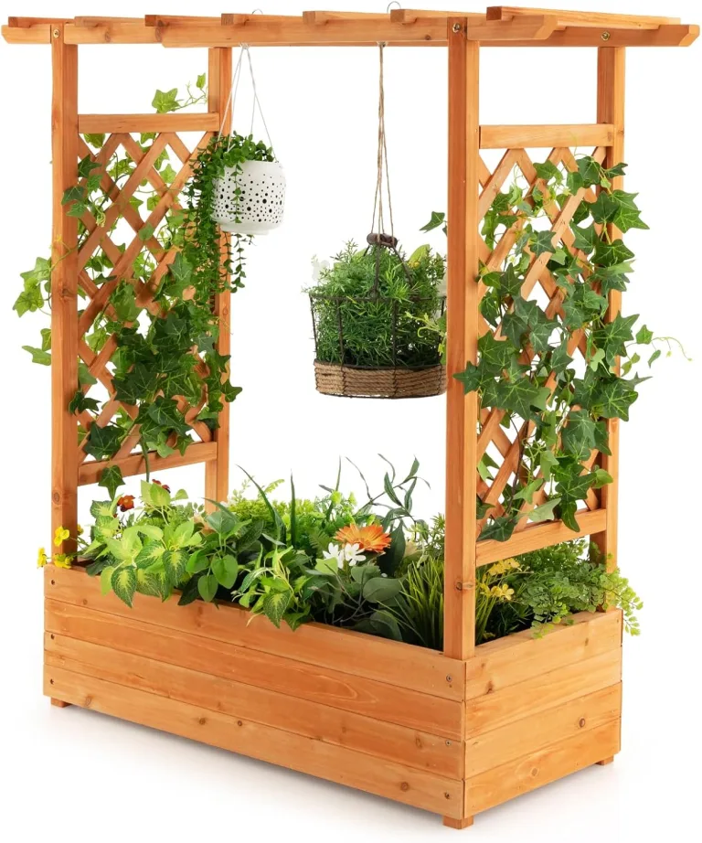 HOMASIS Blumenkasten mit 2 Rankgitter & Dachregal, Hochbeet mit Spalier, Holz Pflanzkasten für Kletterpflanz, Pflanzkübel Pflanzgefäß Rankhilfe für Garten Balkon Terrasse (110x44x113,5cm, Orange) – Bild 1