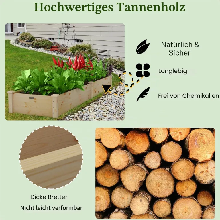 HOMASIS Hochbeet aus Holz, Pflanzkasten aus Tannenholz, Blumenkasten mit offnen Boden, Gartenbeet für Kräuter, Gemüse, Pflanzen, Pflanzenbeet für Garten, Balkon, Terrasse, 240 x 60 x 25 cm, Natur – Bild 4