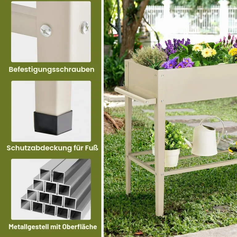 HOMASIS Hochbeet mit Ablage aus Netz & 2 Rollen, Blumenbeet aus Metall, erhöhtes Gartenbeet mit 2 Haken & Griff, Frühbeet Blumenkasten hoher Rollwagen für Garten Balkon Terrasse, 95 x 40 x 80cm, Beige – Bild 4