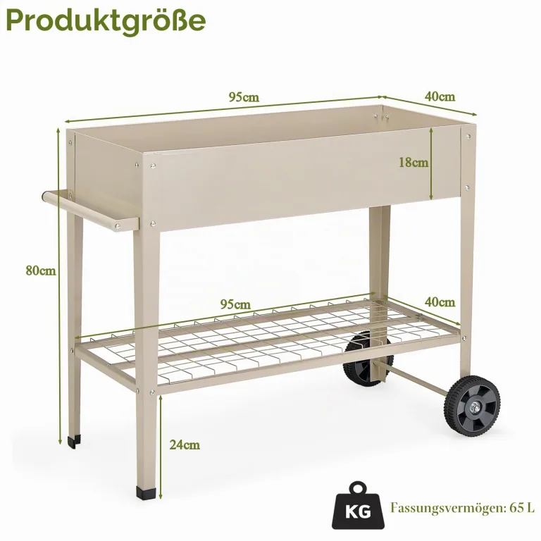 HOMASIS Hochbeet mit Ablage aus Netz & 2 Rollen, Blumenbeet aus Metall, erhöhtes Gartenbeet mit 2 Haken & Griff, Frühbeet Blumenkasten hoher Rollwagen für Garten Balkon Terrasse, 95 x 40 x 80cm, Beige – Bild 5