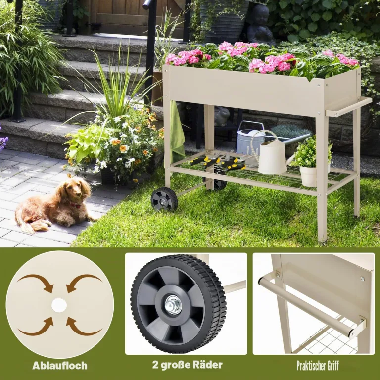 HOMASIS Hochbeet mit Ablage aus Netz & 2 Rollen, Blumenbeet aus Metall, erhöhtes Gartenbeet mit 2 Haken & Griff, Frühbeet Blumenkasten hoher Rollwagen für Garten Balkon Terrasse, 95 x 40 x 80cm, Beige – Bild 6