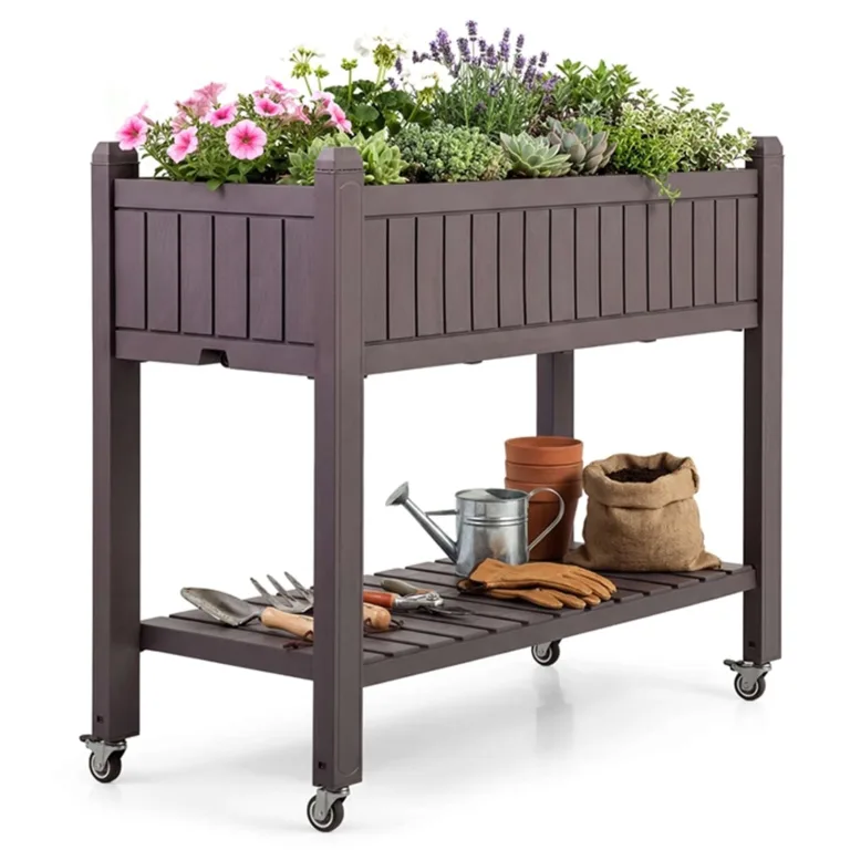 HOMASIS Hochbeet mit Ablage aus Netz & 2 Rollen, Blumenbeet aus Metall, erhöhtes Gartenbeet mit 2 Haken & Griff, Frühbeet Blumenkasten hoher Rollwagen für Garten Balkon Terrasse, 95 x 40 x 80cm, Beige – Bild 9