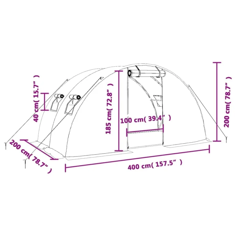 vidaXL Gewächshaus, Foliengewächshaus mit Stahlrahmen, Tomatengewächshaus mit Reißverschlusstür Fenstern, Treibhaus Folientunnel Frühbeet, Weiß 8m² 4x2x2m – Bild 3