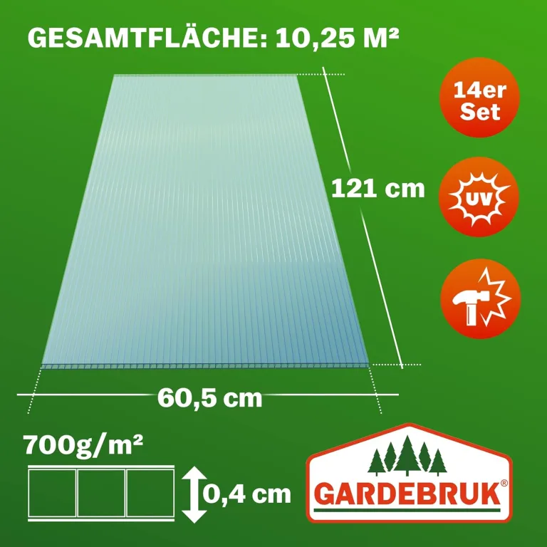 Gardebruk 14x Polycarbonat Hohlkammerstegplatten 4mm 50x Edelstahl Gewächshausklammern 10,25 m² Doppelstegplatte 1210x605 Stegplatte Gewächshausplatte – Bild 8