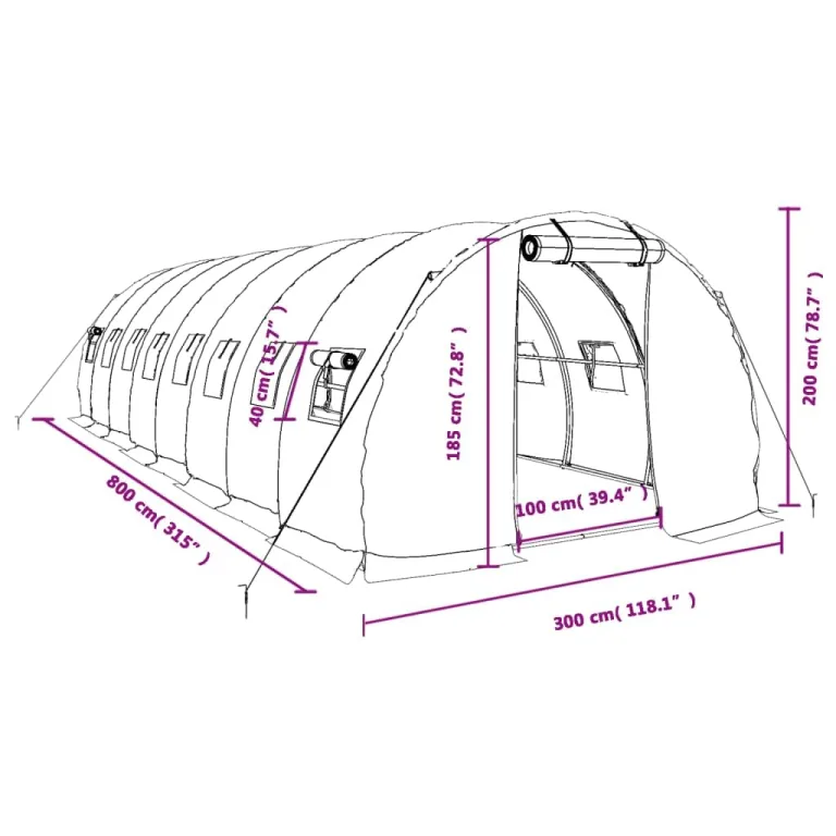 vidaXL Gewächshaus, Foliengewächshaus mit Stahlrahmen, Tomatengewächshaus mit Reißverschlusstür Fenstern, Treibhaus Folientunnel Frühbeet, Grün 24m² 8x3x2m – Bild 3