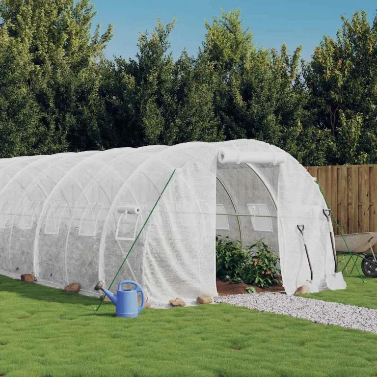 vidaXL Gewächshaus, Foliengewächshaus mit Stahlrahmen, Tomatengewächshaus mit Reißverschlusstür Fenstern, Treibhaus Folientunnel Frühbeet, Weiß 24m² 8x3x2m – Bild 2
