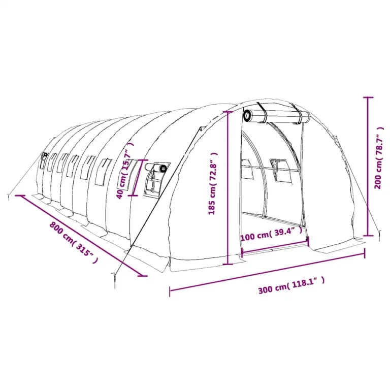 vidaXL Gewächshaus, Foliengewächshaus mit Stahlrahmen, Tomatengewächshaus mit Reißverschlusstür Fenstern, Treibhaus Folientunnel Frühbeet, Weiß 24m² 8x3x2m – Bild 3