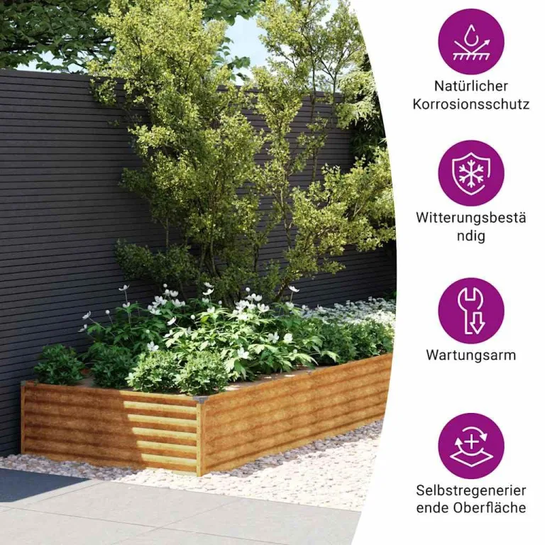vidaXL Hochbeet, Wetterfest Pflanzkasten mit viel Platz, Pflanzkübel Blumenkasten für Balkon Garten, Blumenkübel Gemüsebeet, 1150x100x36 cm Cortenstahl – Bild 4