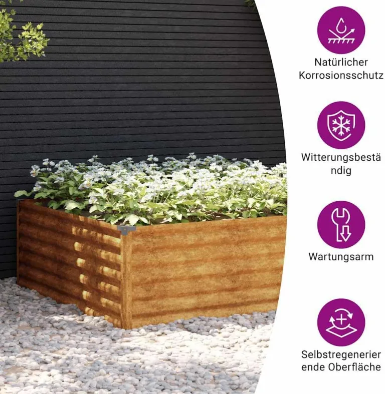 vidaXL Hochbeet, Wetterfest Pflanzkasten mit viel Platz, Pflanzkübel Blumenkasten für Balkon Garten, Blumenkübel Gemüsebeet, 100x100x36 cm Cortenstahl – Bild 5