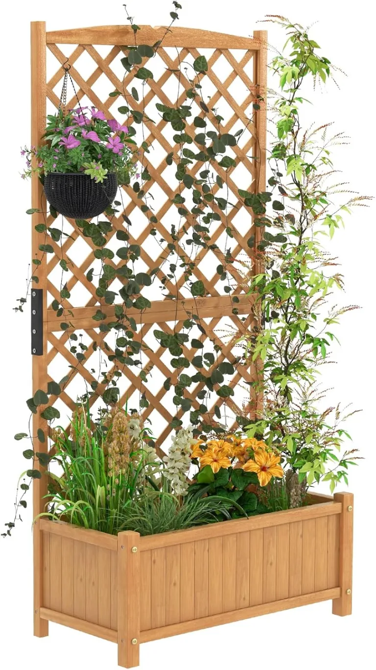 HOMASIS Pflanzkübel mit Rankgitter, Blumenkasten mit Spalier, Pflanzkasten Pflanzgefäß aus Holz, Hochbeet Rankkasten Gartenspalier für Balkon, Garten, Terrasse, 90 x 44,5 x 180,5 cm (Orange) – Bild 1