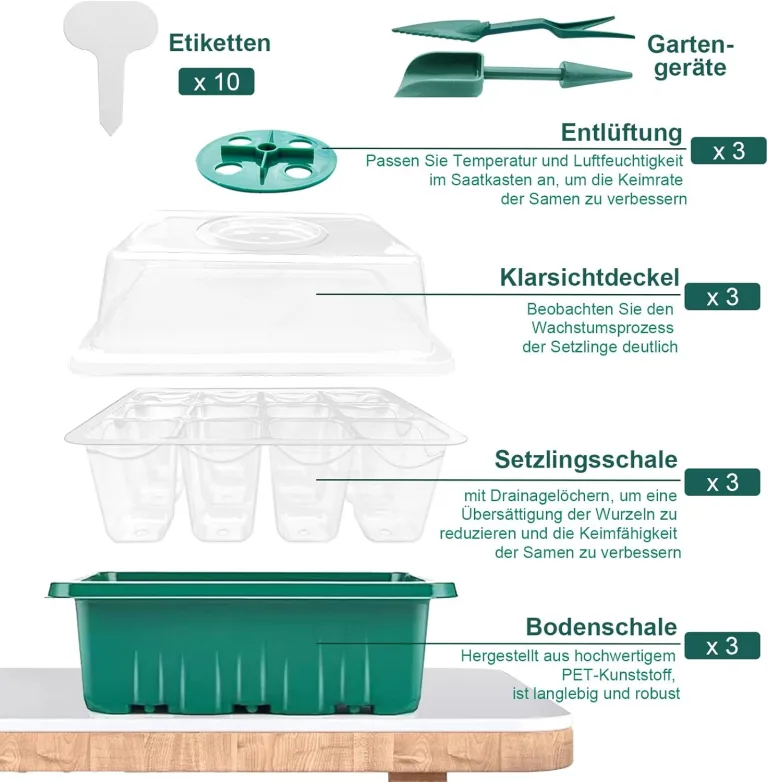 Mini Gewächshaus Anzucht, 3 Stück Zimmergewächshaus Anzuchtkasten, Setzling Starter Tabletts, Treibhaus Anzuchtschalen mit Deckel Belüftung – Bild 7