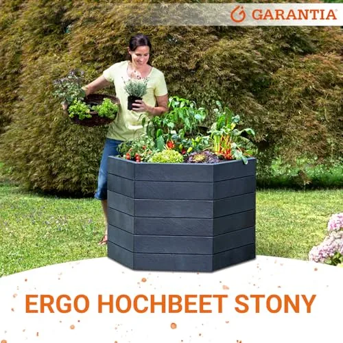 Garantia Ergo Hochbeet Stony L 75 - ergonomisches Hochbeet - Kunststoff sechseckig anthrazit - für Garten Gemüsebeet Kräuterbeet Pflanzenbeet - dekorative Steinoptik wetterfest modular steckbar – Bild 9