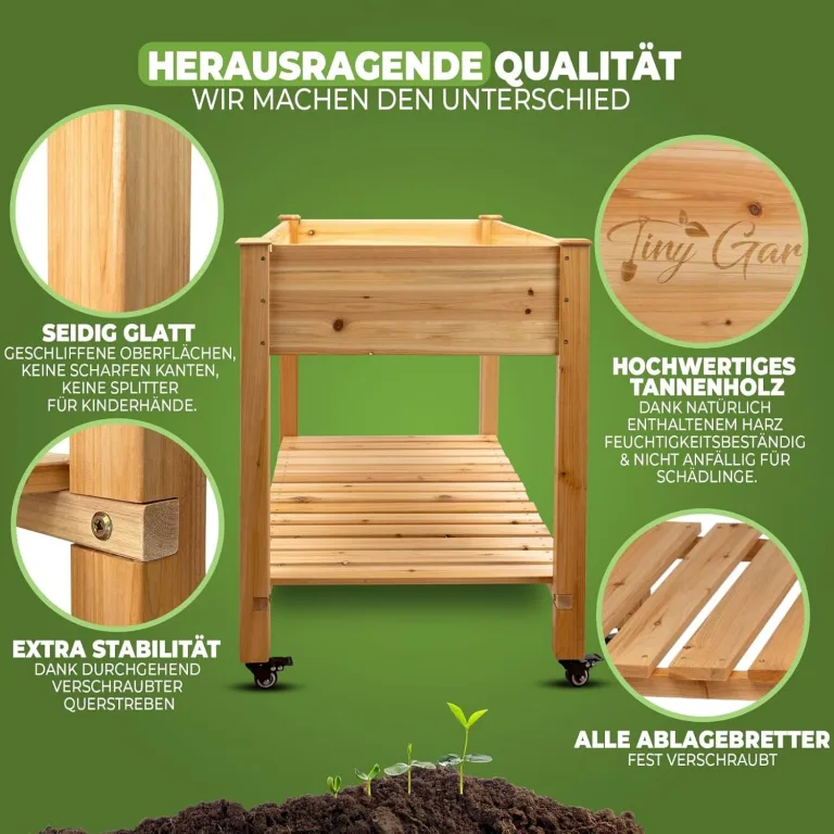 Premium Hochbeet aus Holz mit Rollen für Balkon 122x59x81,5cm perfektes Hochbeet für Kinder oder als Kräuterbeet für die Terrasse, Erdbeerbeet – Bild 3