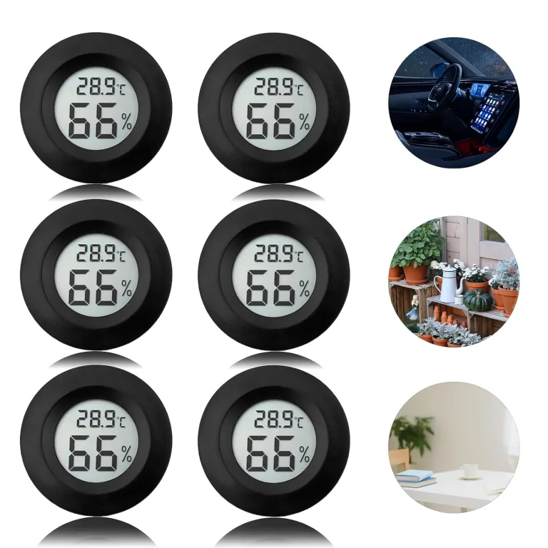 Digital Hygrometer Thermometer für Innenräume: Nizirioo 6 Pack LCD Mini Luftfeuchtigkeitsmesser, ℃/℉ Raumthermometer Mini Hygrometer für Gewächshaus Keller Babyzimmer, Schwarz Rund – Bild 1