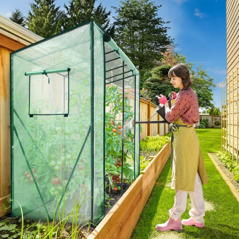 Ohuhu Gewächshaus Tomatengewächshaus Foliengewächshaus mit PE-Abdeckung und Fernster, Gewächshaus Klein Balkon Outdoor 200x77x170 cm Winterfest Tomatenhaus für Optimales Pflanzenwachstum Grün – Bild 3