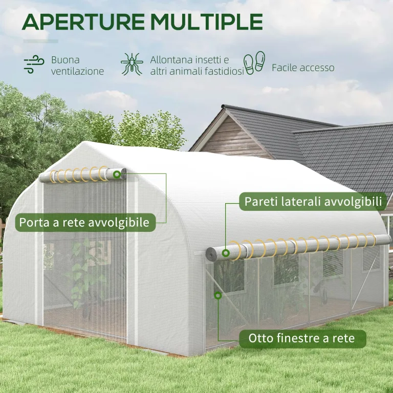 Outsunny Gewächshaus für den Garten, 4 x 3 m, Tunnel-Gewächshaus mit PE-Abdeckung und Rollwand, Tür und 8 Netzfenster, inklusive Etiketten und Handschuhen, weiß – Bild 4