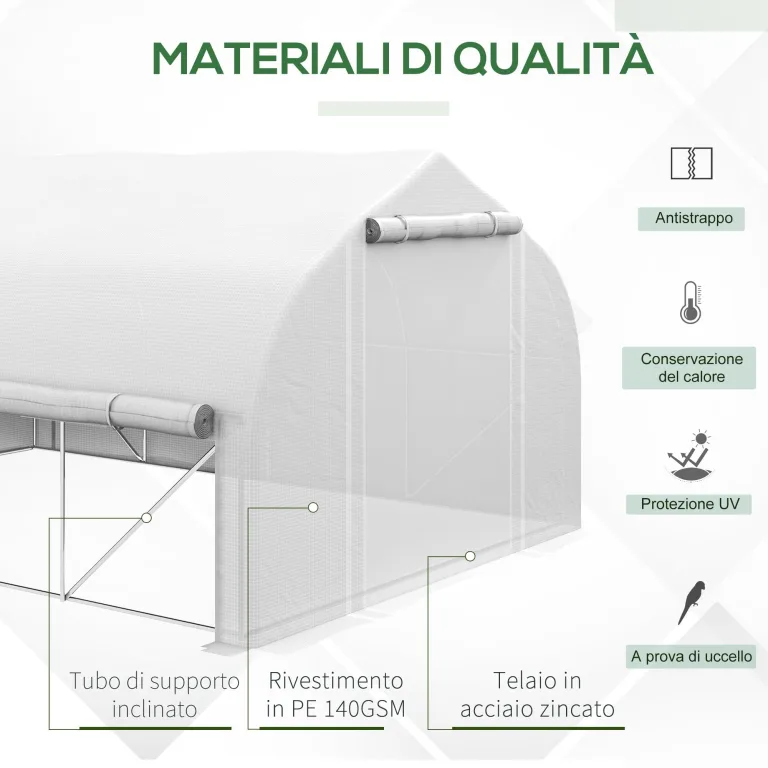 Outsunny Gewächshaus für den Garten, 4 x 3 m, Tunnel-Gewächshaus mit PE-Abdeckung und Rollwand, Tür und 8 Netzfenster, inklusive Etiketten und Handschuhen, weiß – Bild 5