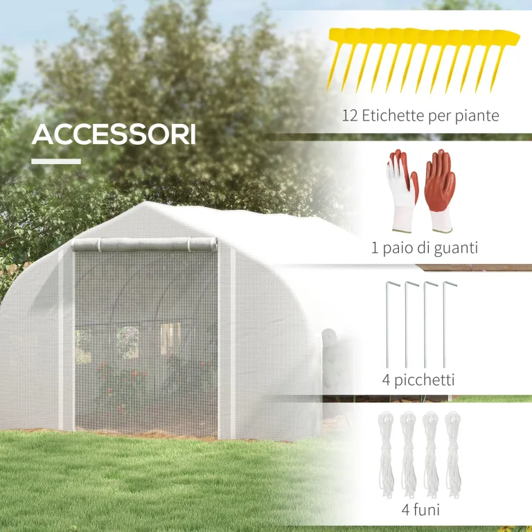 Outsunny Gewächshaus für den Garten, 4 x 3 m, Tunnel-Gewächshaus mit PE-Abdeckung und Rollwand, Tür und 8 Netzfenster, inklusive Etiketten und Handschuhen, weiß – Bild 7