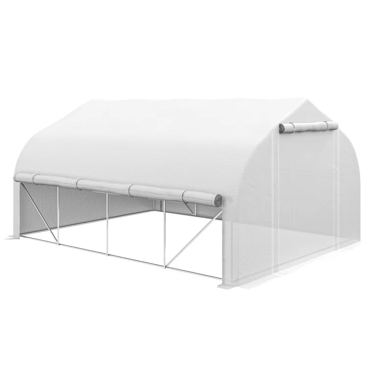 Outsunny Gewächshaus für den Garten, 4 x 3 m, Tunnel-Gewächshaus mit PE-Abdeckung und Rollwand, Tür und 8 Netzfenster, inklusive Etiketten und Handschuhen, weiß – Bild 1