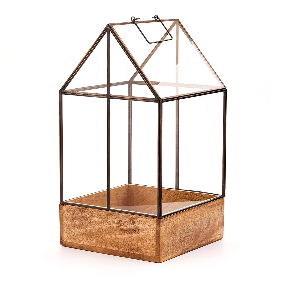 Modernes Gewächshaus als Deko, für Anzucht & für Kräuter | Aus Glas, recyceltem Holz und Metall | Zimmergewächshaus als Dekoration | 27 x 27 x 48 cm | - Bild 1