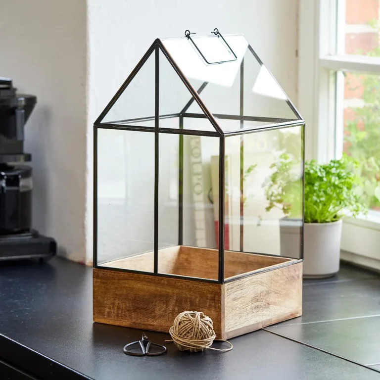 Modernes Gewächshaus als Deko, für Anzucht & für Kräuter | Aus Glas, recyceltem Holz und Metall | Zimmergewächshaus als Dekoration | 27 x 27 x 48 cm | – Bild 2