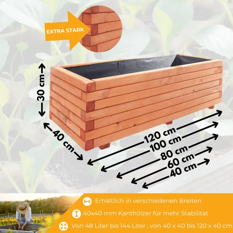 Mega Holz Pflanzkübel Pinie Lasiert 80x40 cm - Massiv & wetterfest - Fertig montierter Blumenkübel aus Kiefernholz - Rustikaler Blumentopf für Garten, Balkon & Terrasse, witterungsbeständig & robust – Bild 4