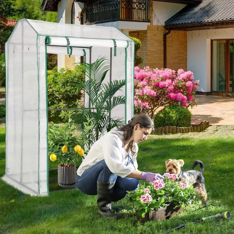 HOMASIS Gewächshaus, Foliengewächshaus mit Rolltor, 100x50x170cm, kleines Gartengewächshaus für Pflanzen, Treibhaus aus PE Gitterfolie & Metall, Gartenhaus für Garten, Balkon, Terrasse (grün) – Bild 7