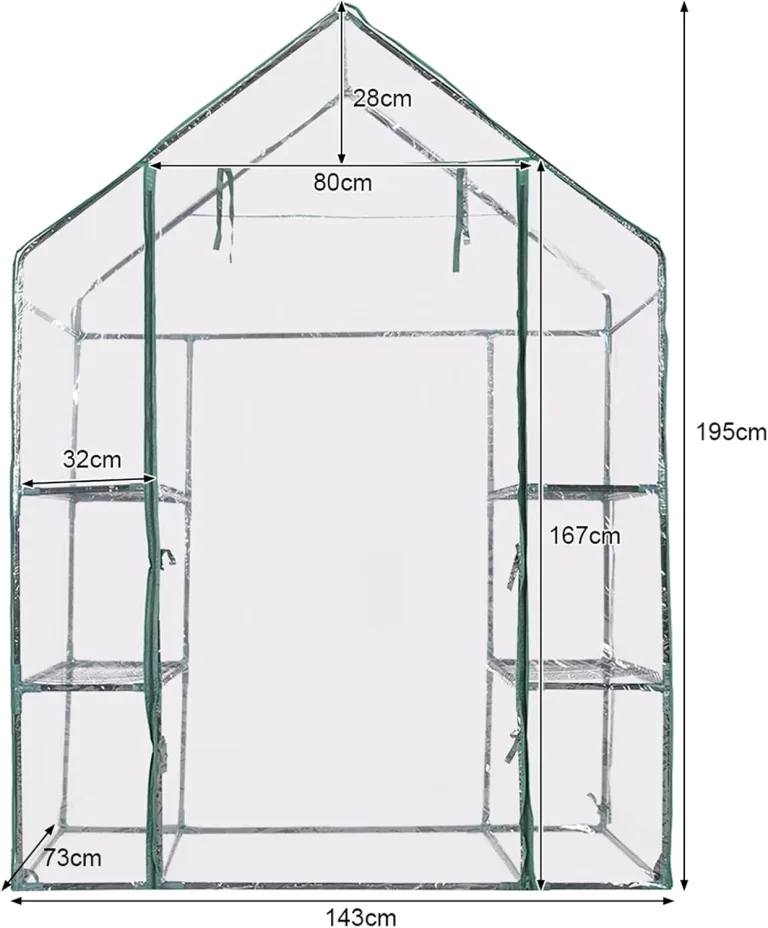 HOMASIS Gewächshaus mit 6 Ablageflächen, transparentes Foliengewächshaus aus PVC, Treibhaus mit Rolltor, Pflanzenhaus mit Metallrahmen, Blumenhaus für Winter, 143 x 73 x 195 cm, Weiß – Bild 4