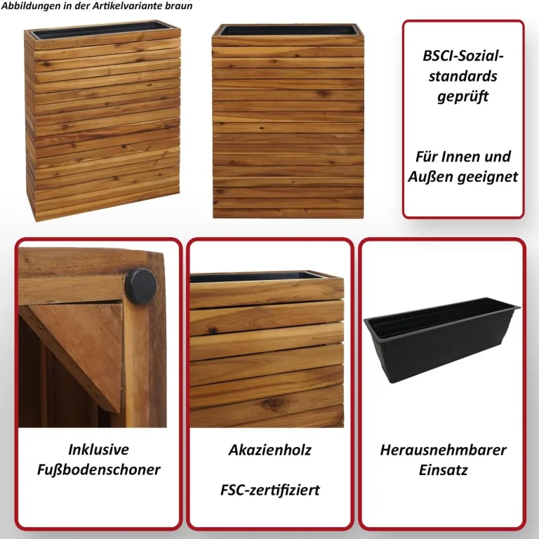 Pflanzkasten HWC-L21AM, Hochbeet Pflanzkübel Blumentopf, eckig 77x63x23cm Outdoor Akazie Holz FSC®-Zertifiziert, braun – Bild 2