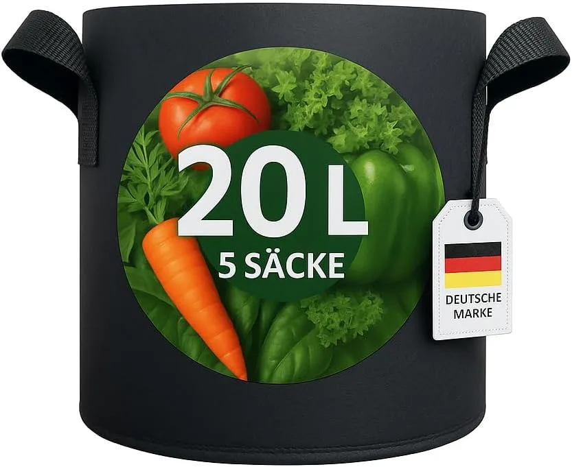 König Design 5X 20L Pflanzsack aus Vlies Stoff - 5er Set 20L Pflanztaschen aus 300 g/m² Filz & Vliesstoff - Pflanzgefäß Pflanzbeutel für Balkon Terrasse Gewächshaus & Garten - Bild 1
