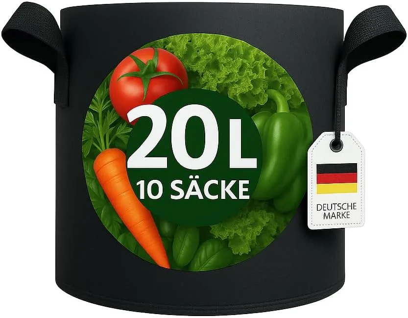 König Design 10x 20L Pflanzsack aus Vlies Stoff - 10er Set 20L Pflanztaschen aus 300 g/m² Filz & Vliesstoff - Pflanzgefäß Pflanzbeutel für Balkon Terrasse Gewächshaus & Garten
