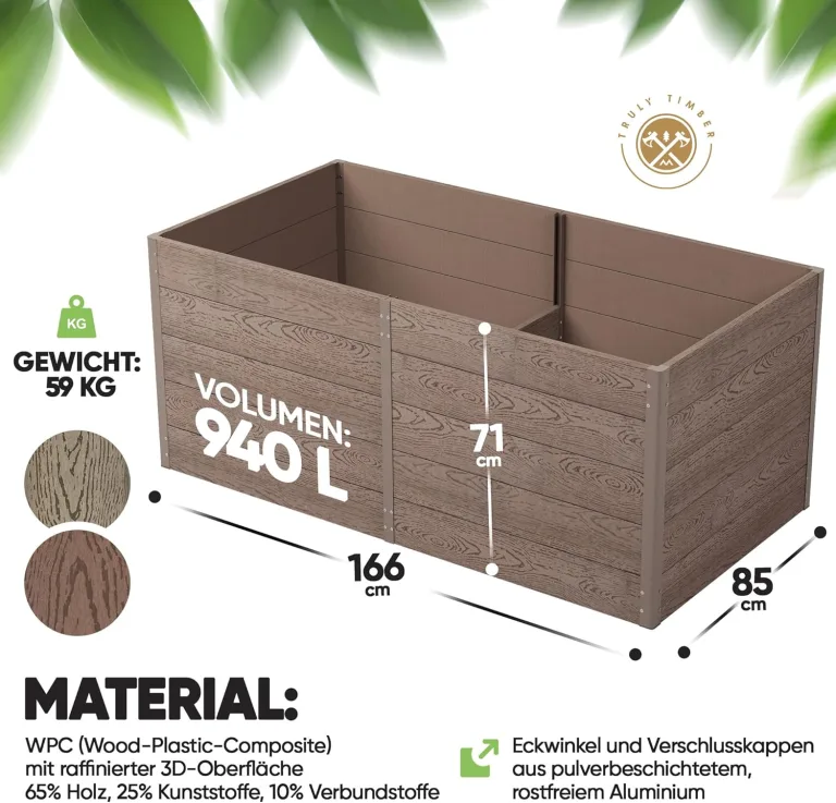 Hochbeet WPC EcoFusion 166x85x71cm – extrem Langlebig [Woody-Look] Komplettpaket mit vorgebohrten Löchern | Hochbeete für Garten Hochbeete-kit Bausatz – Bild 7